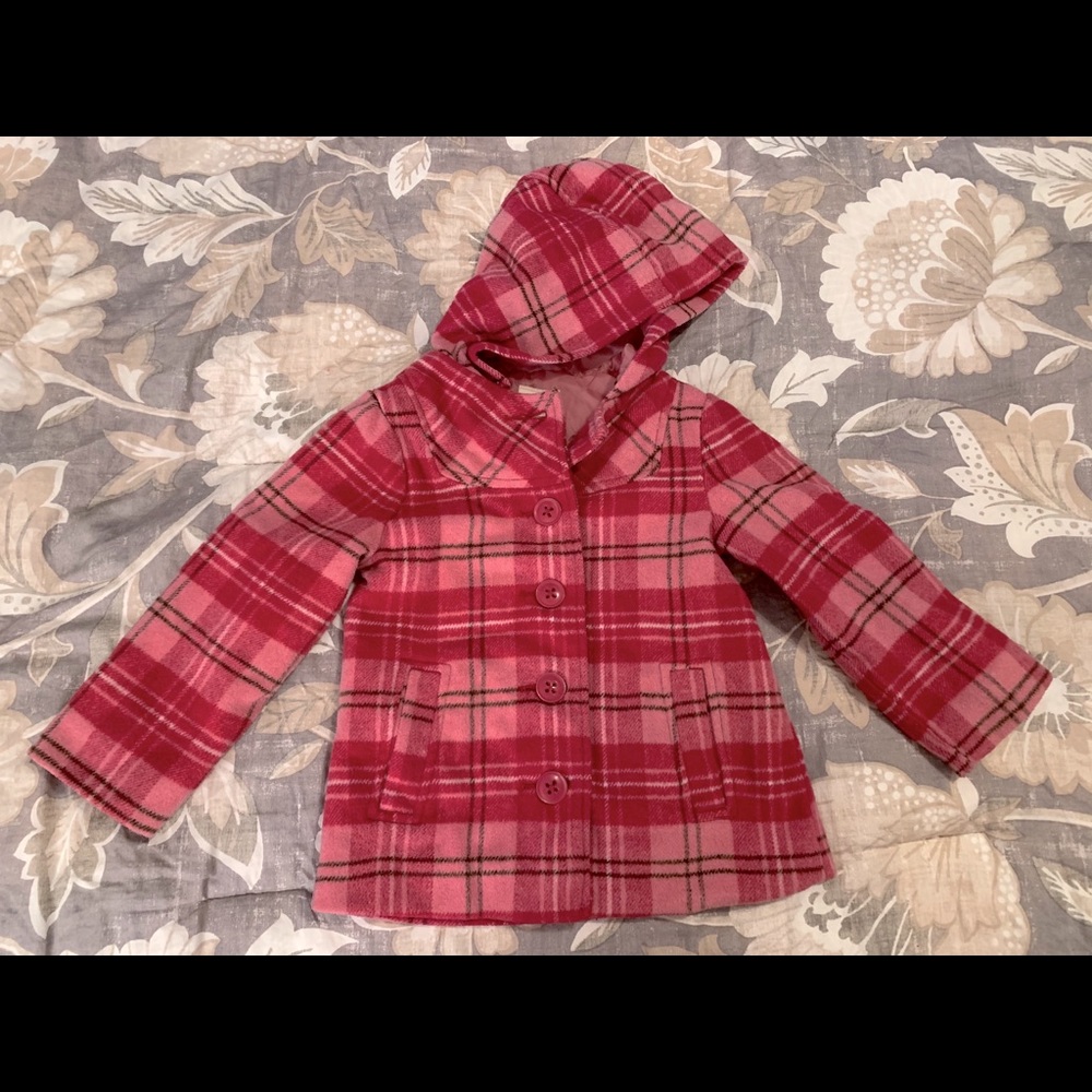 Girls 4t Hooded Pink Plaid Wool Pea Coat